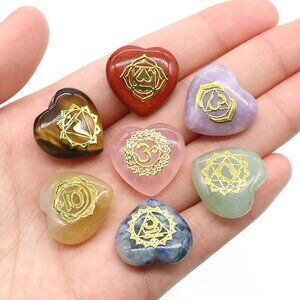 7-Piece Natural Stone Heart-Shaped Chakra Set – Engraved Reiki Healing Crystals
